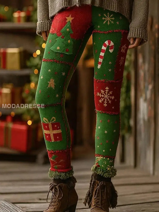 Kvinnors julgran och snöflingar Konst mysiga Leggings som bild / S