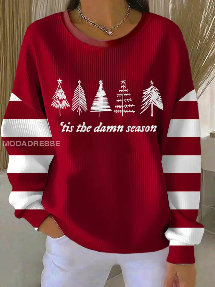 Kvinnors julgran Print Ribbed Round-Hack Sweatshirt röd / S