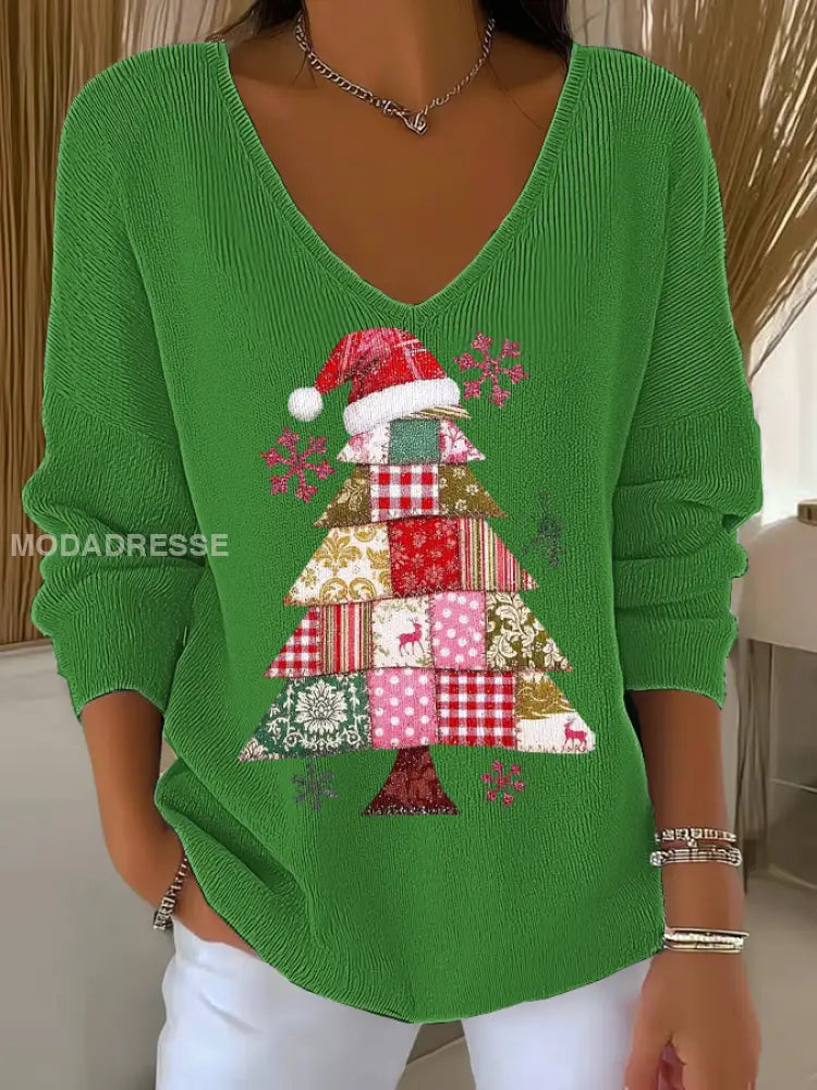 Kvinnors julgran Print V-Hack Ribbed Topp gröna / S