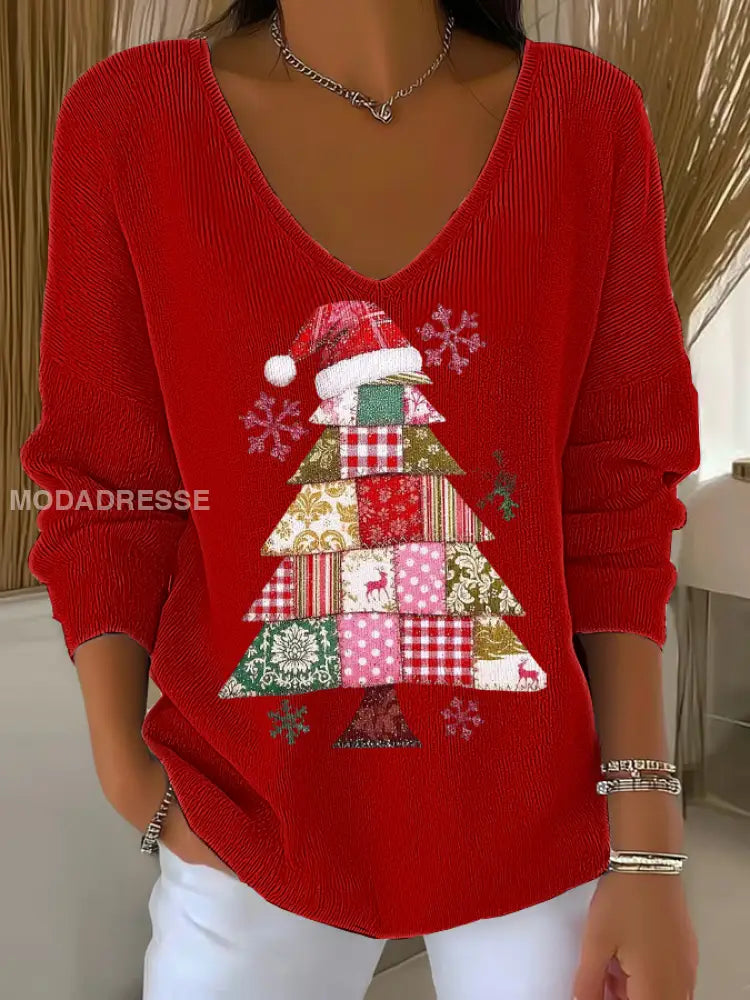 Kvinnors julgran Print V-Hack Ribbed Topp röd / S