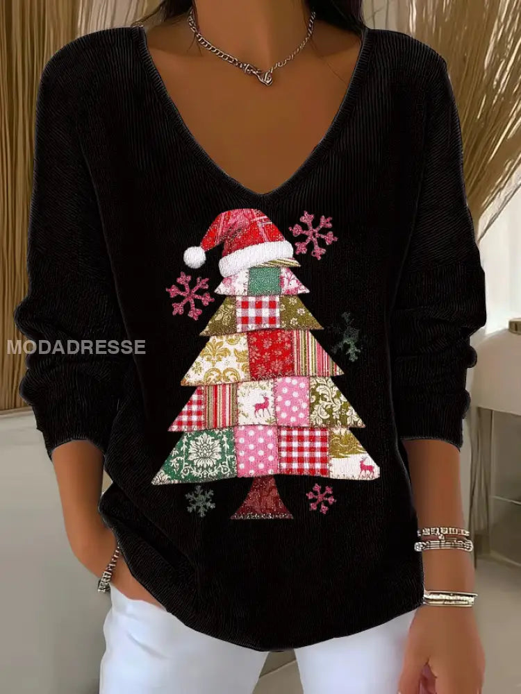 Kvinnors julgran Print V-Hack Ribbed Topp svart / S