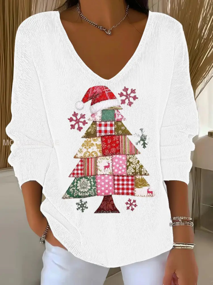 Kvinnors julgran Print V-Hack Ribbed Topp vit / S
