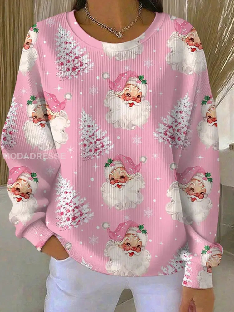 Kvinnors julgran Santa Print Ribbed Round-Hack Sweatshirt runk / S