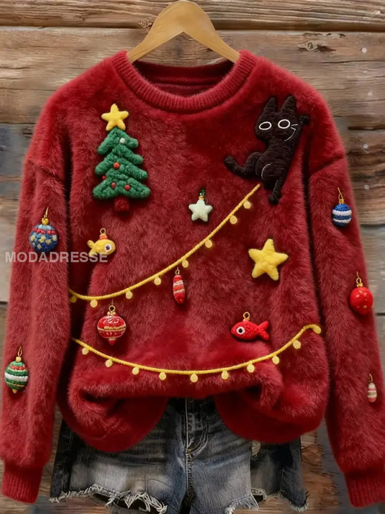Kvinnors julgran söta lekfulla katter Flannel Sweatshirt djupröd / S
