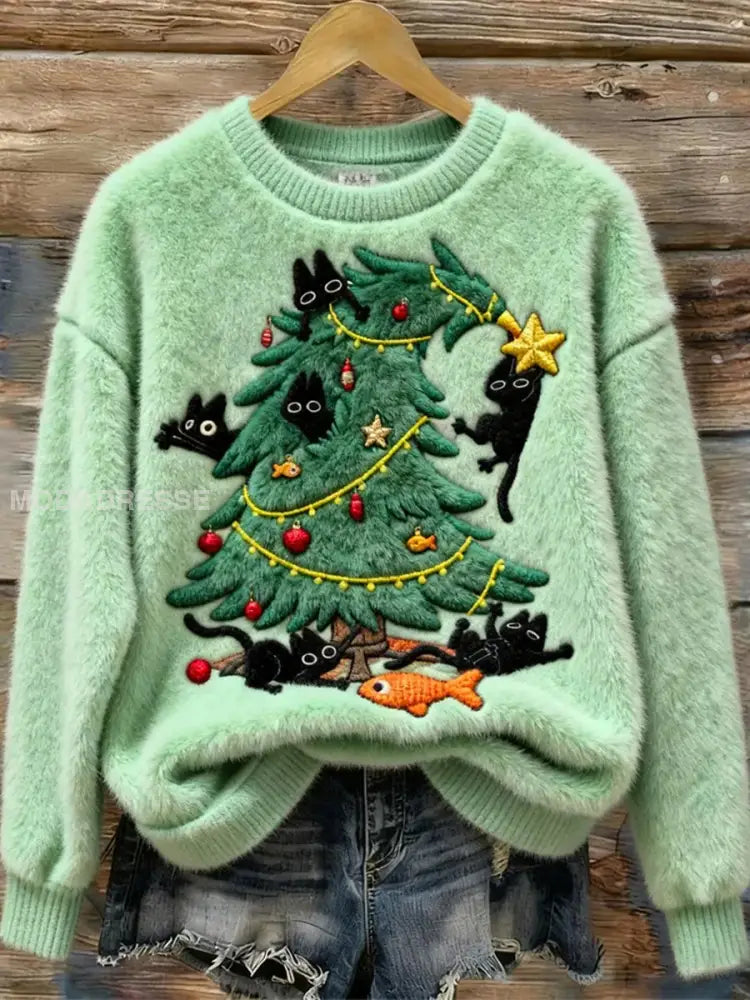 Kvinnors julgran söta lekfulla katter Flannel Sweatshirt ljusgrön / S