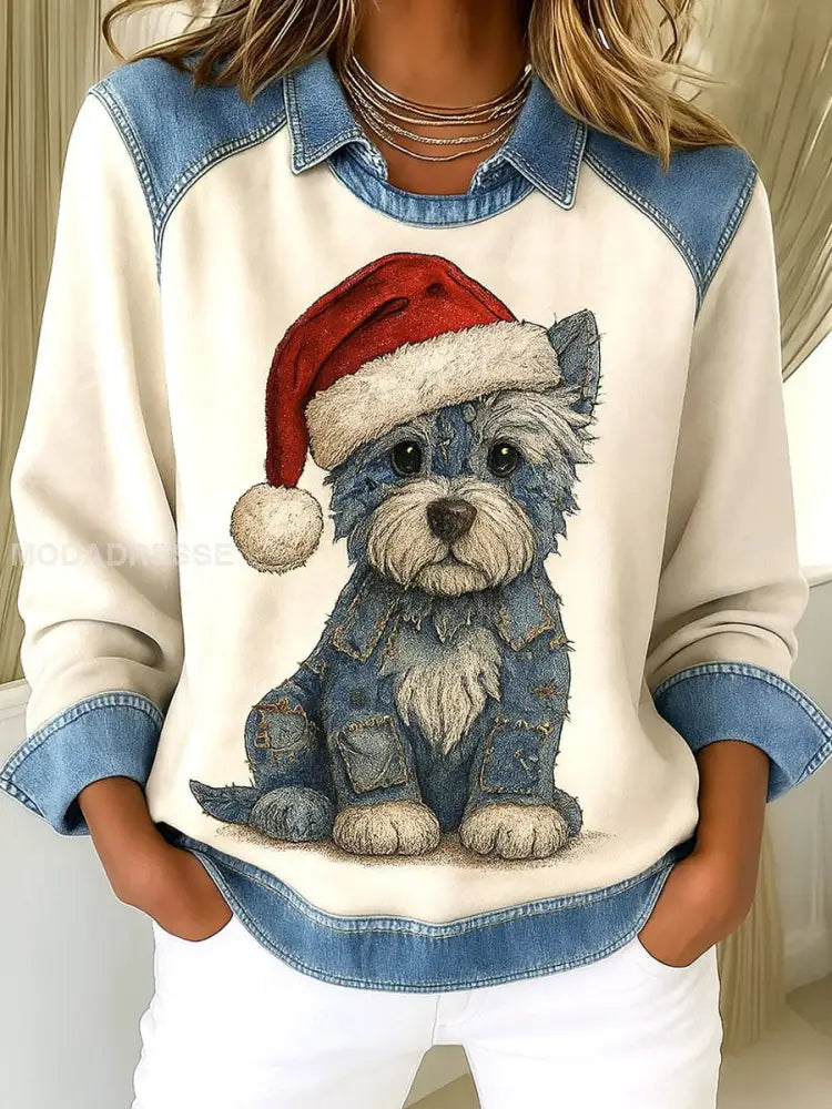 Kvinnors julhund konst utskrift Patchwork Casual Sweatshirt bäie / S