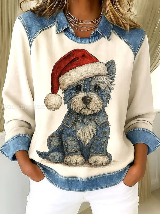 Kvinnors julhund konst utskrift Patchwork Casual Sweatshirt bäie / S