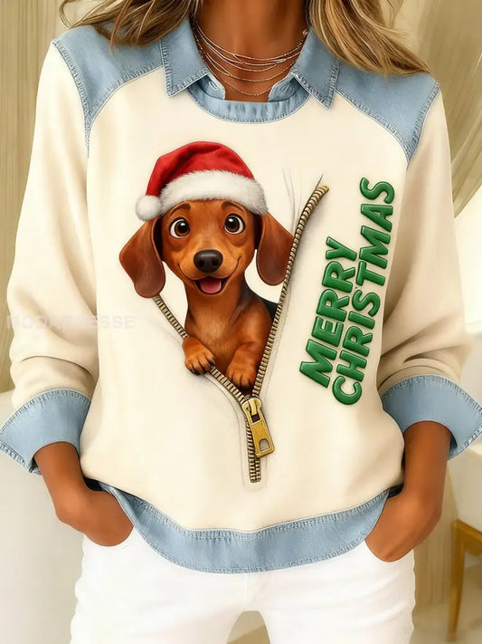 Kvinnors julhund konst utskrift Patchwork Casual Sweatshirt bäie / S