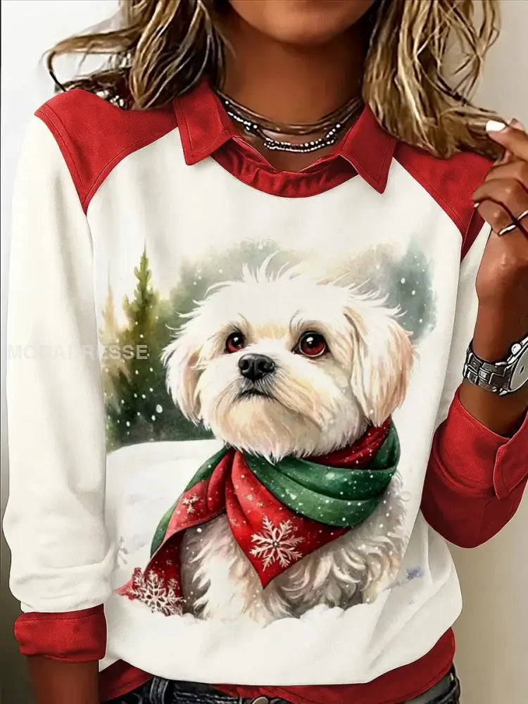 Kvinnors julhund Print Casual Topp vitt / S