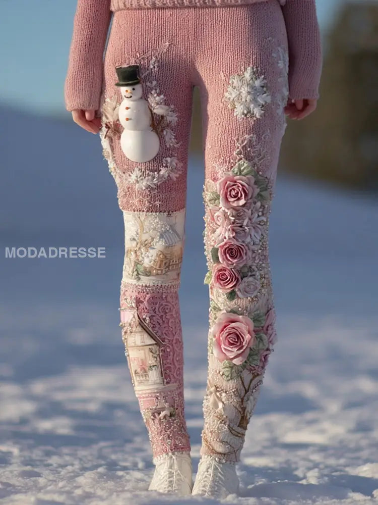 Kvinnors julkläder bröstcancer rosa blommiga och snöman leggings runk / S