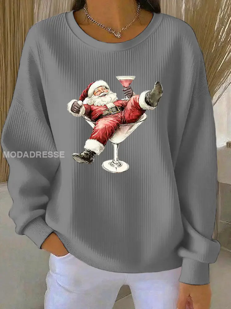 Kvinnors jultomte och vinglas Skriv ut Ribbed runda hals grå / S