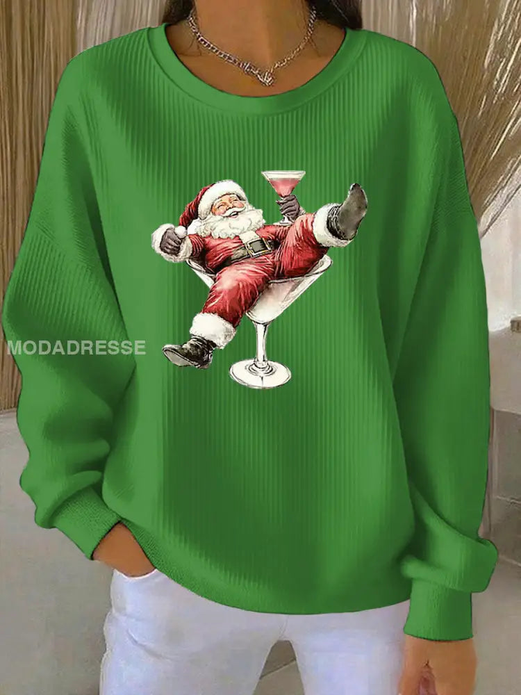 Kvinnors jultomte och vinglas Skriv ut Ribbed runda hals grön / S