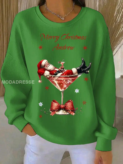 Kvinnors jultomte och vinglas Skriv ut Ribbed runda hals grön / S