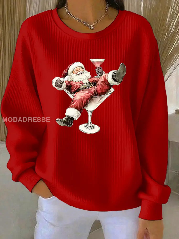 Kvinnors jultomte och vinglas Skriv ut Ribbed runda hals röd / S