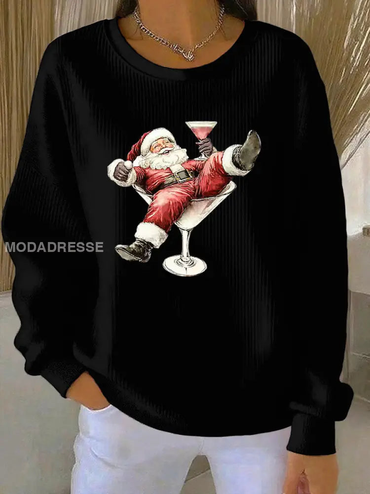 Kvinnors jultomte och vinglas Skriv ut Ribbed runda hals svart / S