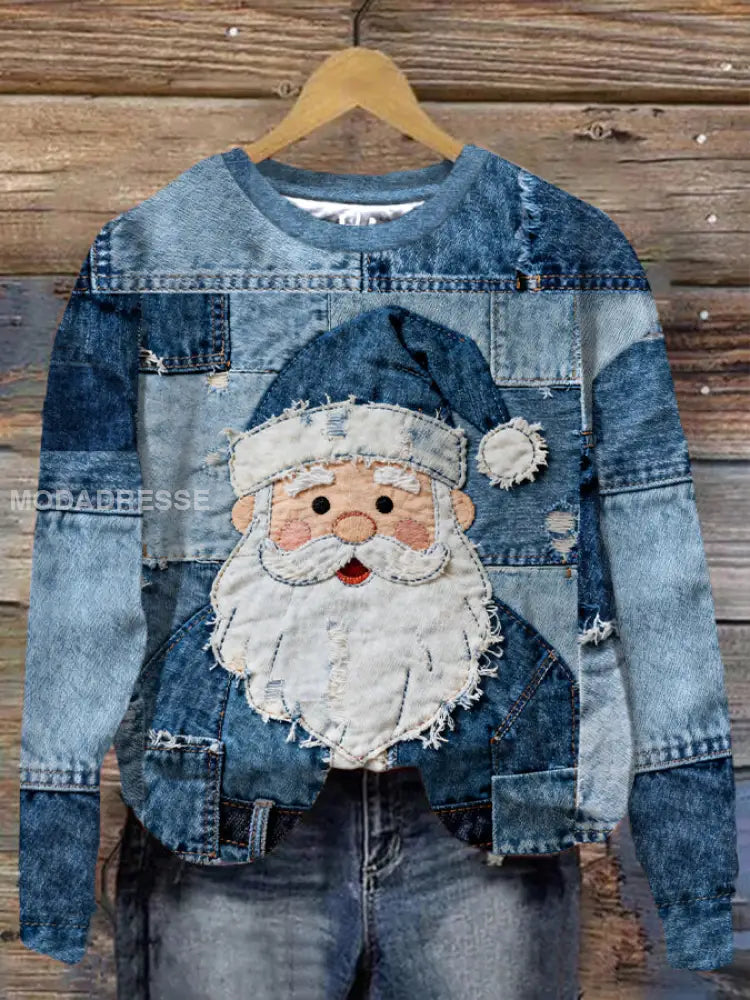 Kvinnors jultomte Print Casual Sweatshirt blå / S