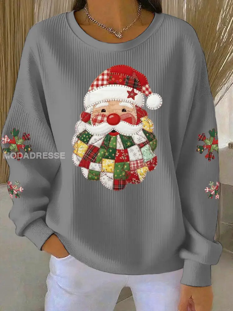 Kvinnors jultomten Print Ribbed runda hals sweatshirt grå / S