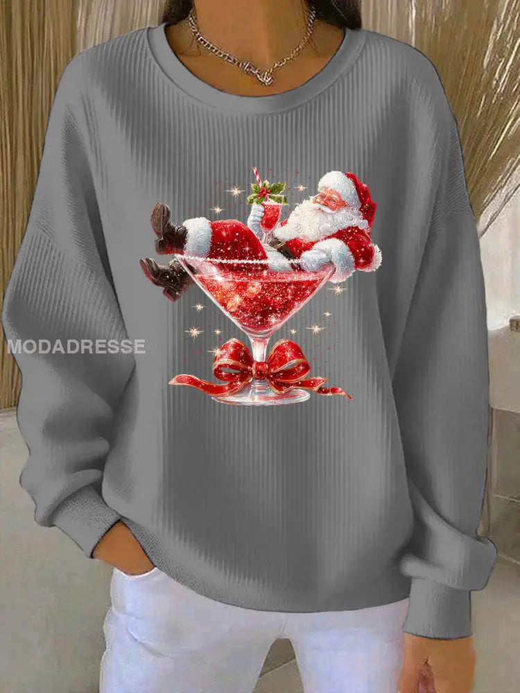 Kvinnors jultomten Print Ribbed runda hals sweatshirt grå / S