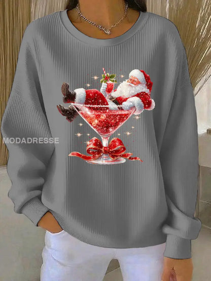 Kvinnors jultomten Print Ribbed runda hals sweatshirt grå / S
