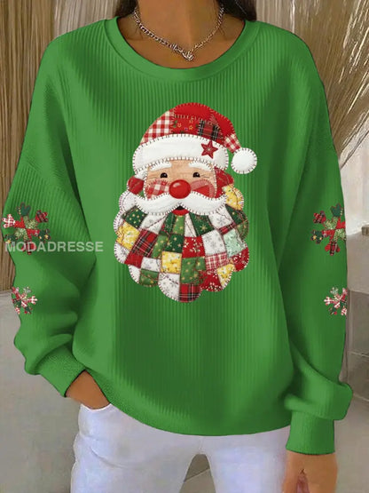 Kvinnors jultomten Print Ribbed runda hals sweatshirt grön / S