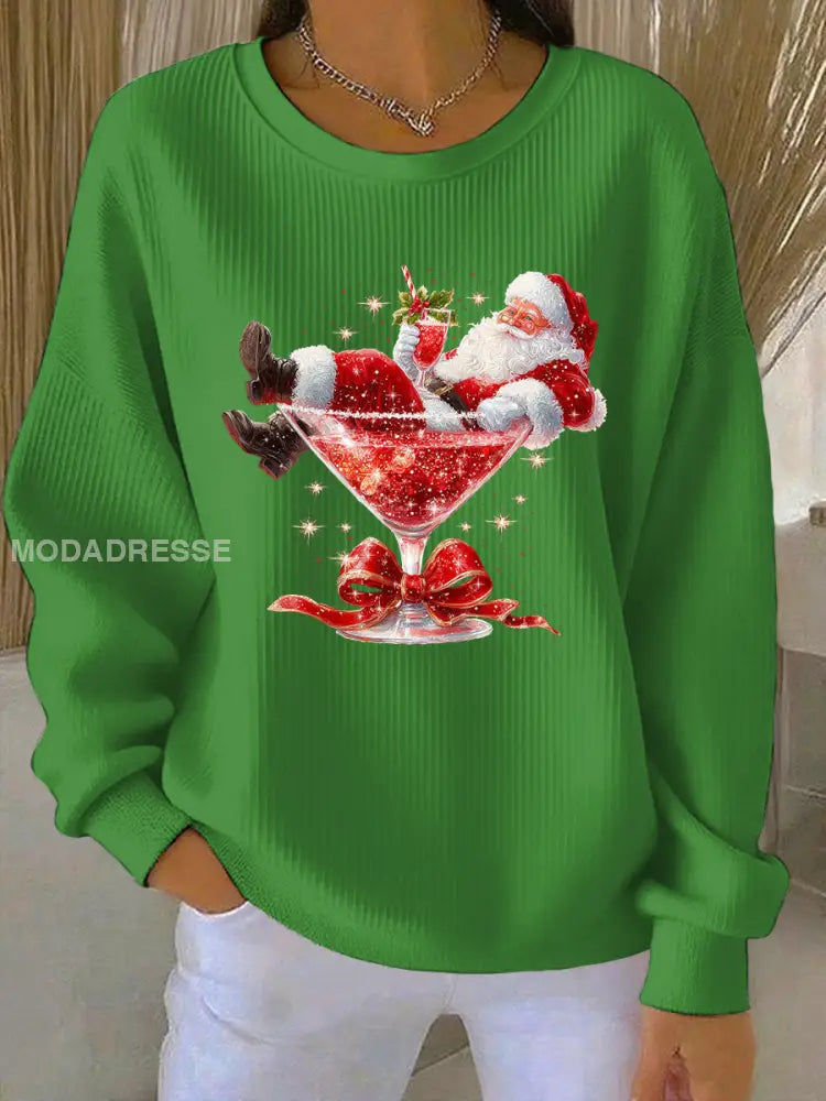 Kvinnors jultomten Print Ribbed runda hals sweatshirt grön / S