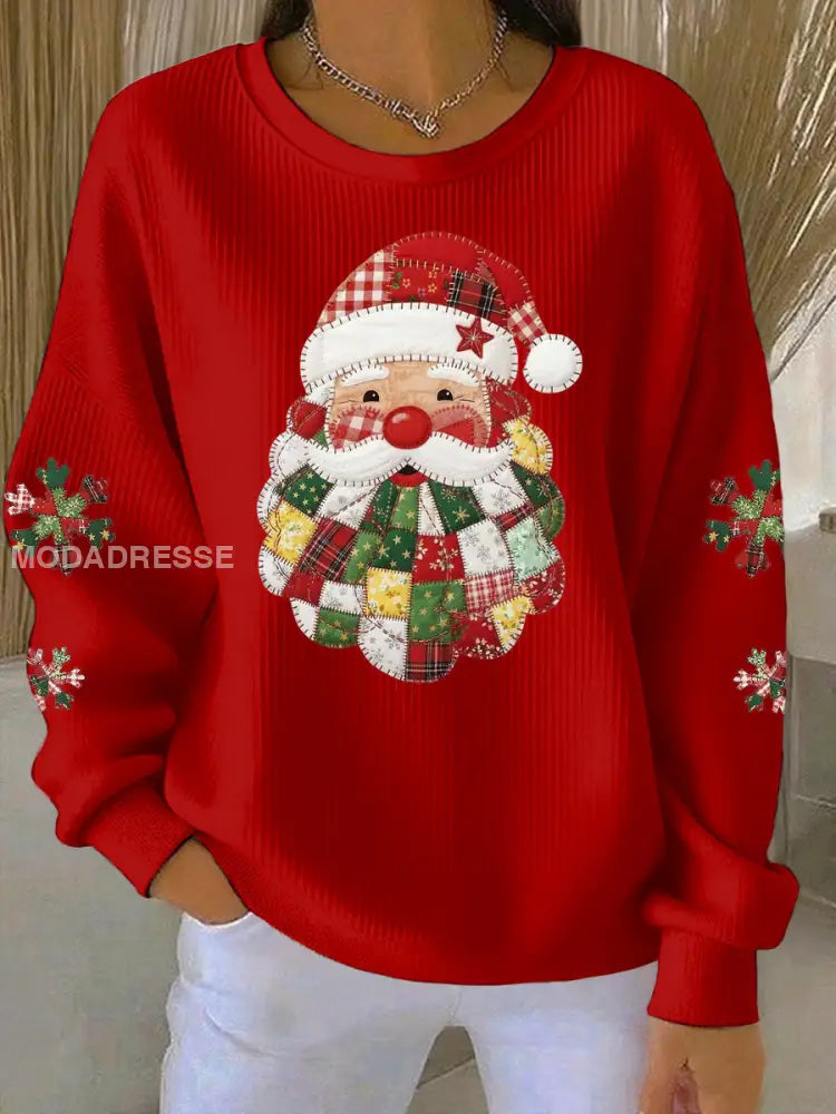 Kvinnors jultomten Print Ribbed runda hals sweatshirt röd / S