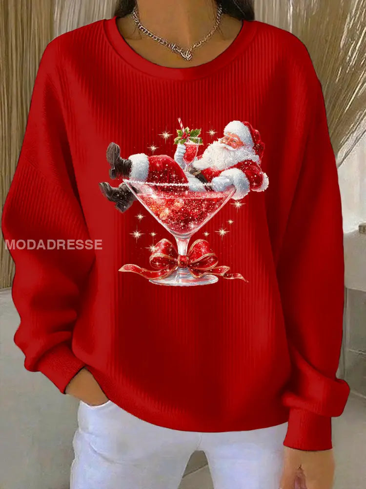 Kvinnors jultomten Print Ribbed runda hals sweatshirt röd / S