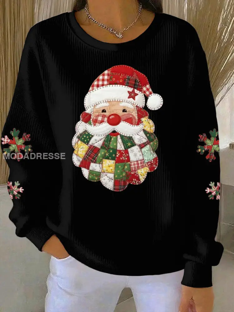 Kvinnors jultomten Print Ribbed runda hals sweatshirt svart / S