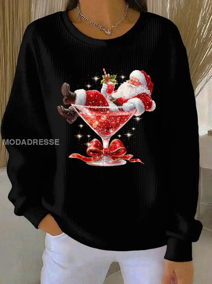 Kvinnors jultomten Print Ribbed runda hals sweatshirt svart / S