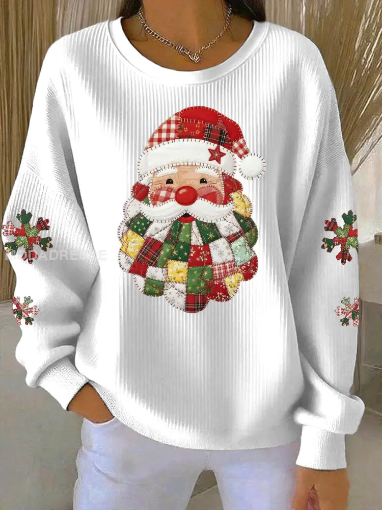 Kvinnors jultomten Print Ribbed runda hals sweatshirt vit / S
