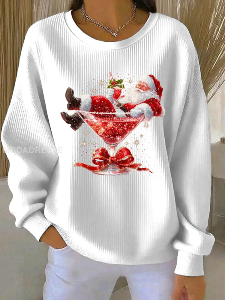 Kvinnors jultomten Print Ribbed runda hals sweatshirt vitt / S