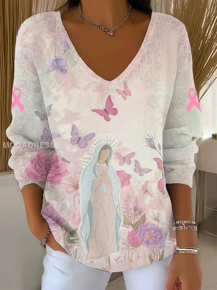 Kvinnors jungfru Maria Rosa bröstcancer medvetenhet lång ärm topp som bild / S