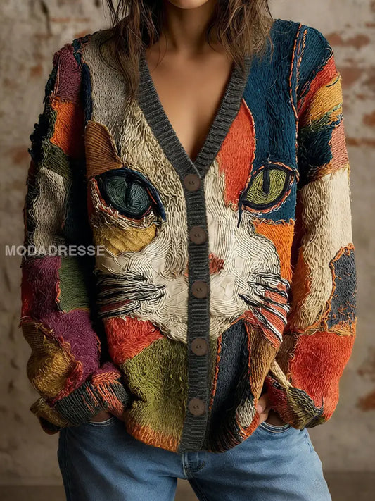 Kvinnors katt Geometrisk konst Skriv ut Cardigan som bild / S