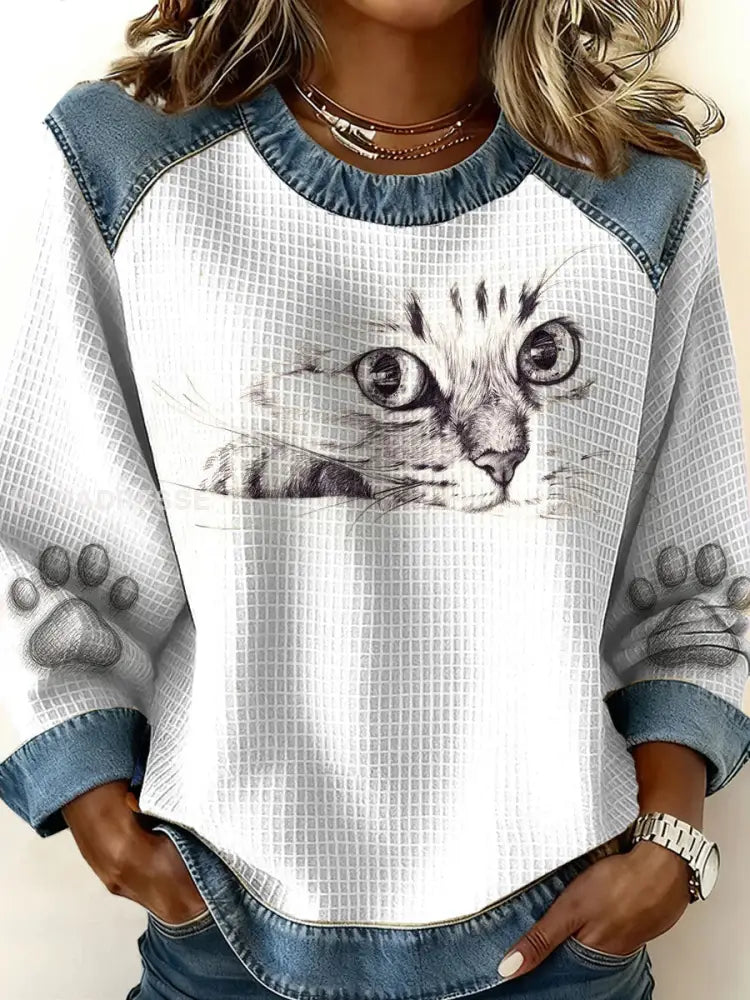 Kvinnors katt konst utskrift Casual Topp vitt / S