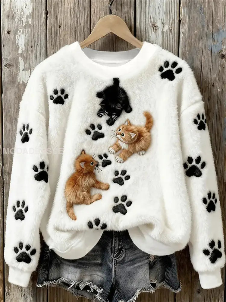 Kvinnors katt konst utskrift Casual Topp vitt / S
