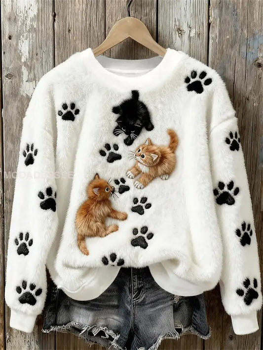 Kvinnors katt konst utskrift Casual Topp vitt / S