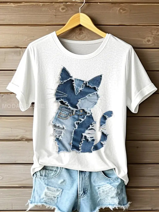 Kvinnors katt mönster Denim Patchwork Art T-shirt vitt / S