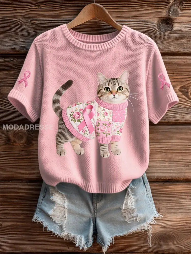Kvinnors katt Pink Ribbon Print Casual T shirt ljusrosa / S