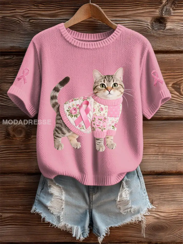 Kvinnors katt Pink Ribbon Print Casual T shirt rosa / S