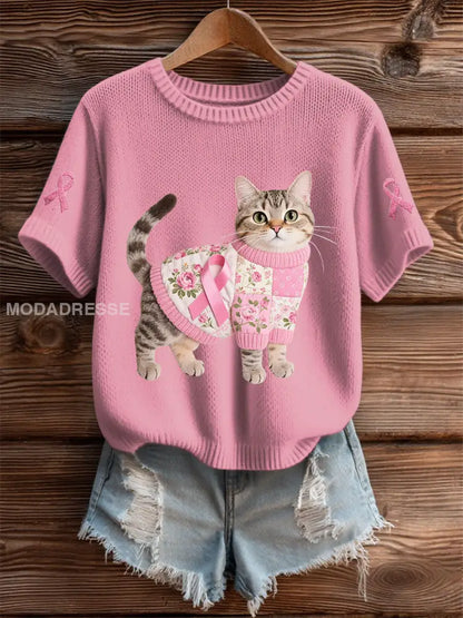 Kvinnors katt Pink Ribbon Print Casual T shirt rosa / S