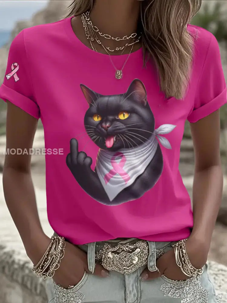 Kvinnors katt Pink Ribbon Print Casual T shirt rosröd / S