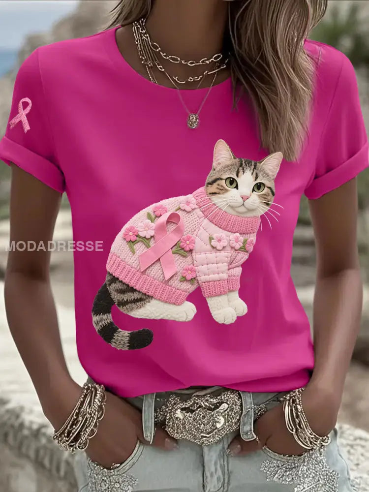 Kvinnors katt Pink Ribbon Print Casual T shirt rosröd / S