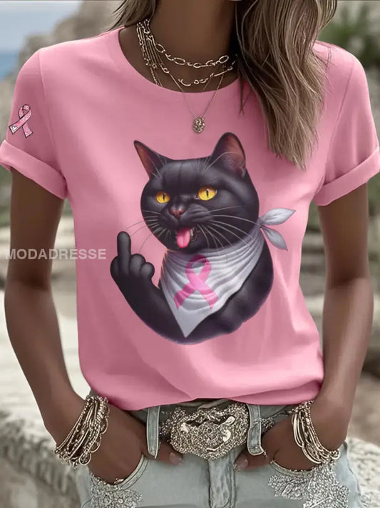 Kvinnors katt Pink Ribbon Print Casual T shirt rost / S