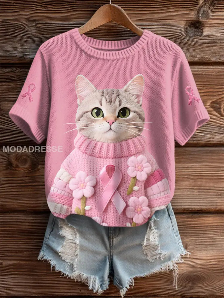 Kvinnors katt Pink Ribbon Print Casual T shirt runk / S