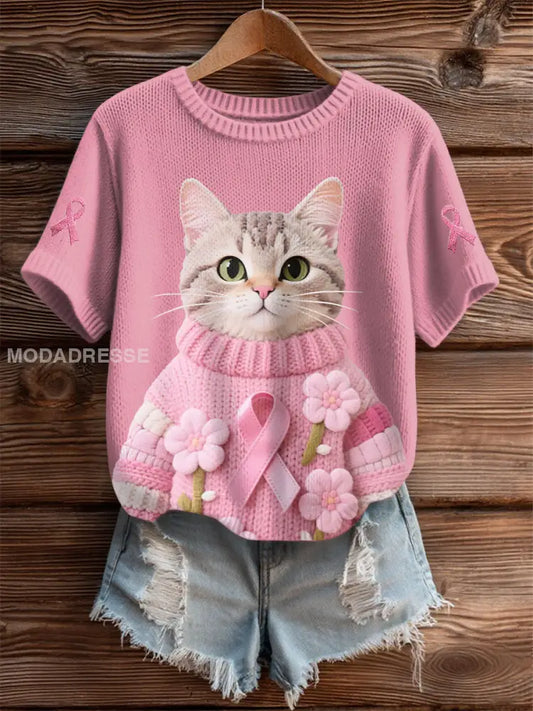 Kvinnors katt Pink Ribbon Print Casual T shirt runk / S