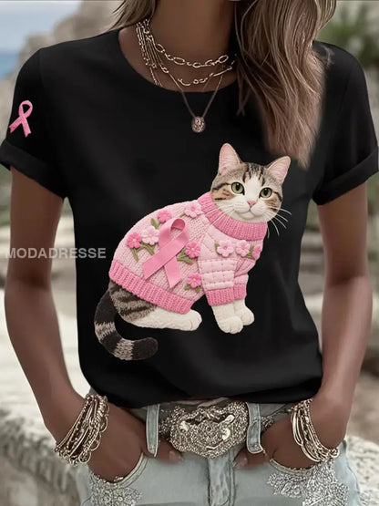Kvinnors katt Pink Ribbon Print Casual T shirt svart / S