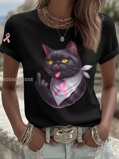 Kvinnors katt Pink Ribbon Print Casual T shirt svart / S