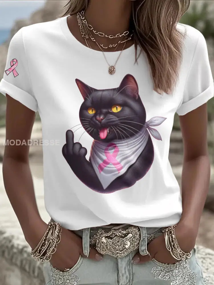 Kvinnors katt Pink Ribbon Print Casual T shirt vit / S