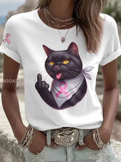 Kvinnors katt Pink Ribbon Print Casual T shirt vit / S