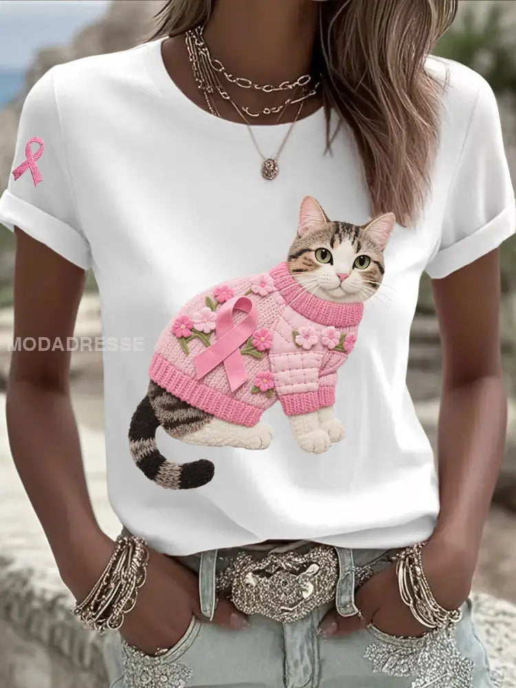 Kvinnors katt Pink Ribbon Print Casual T shirt vit / S